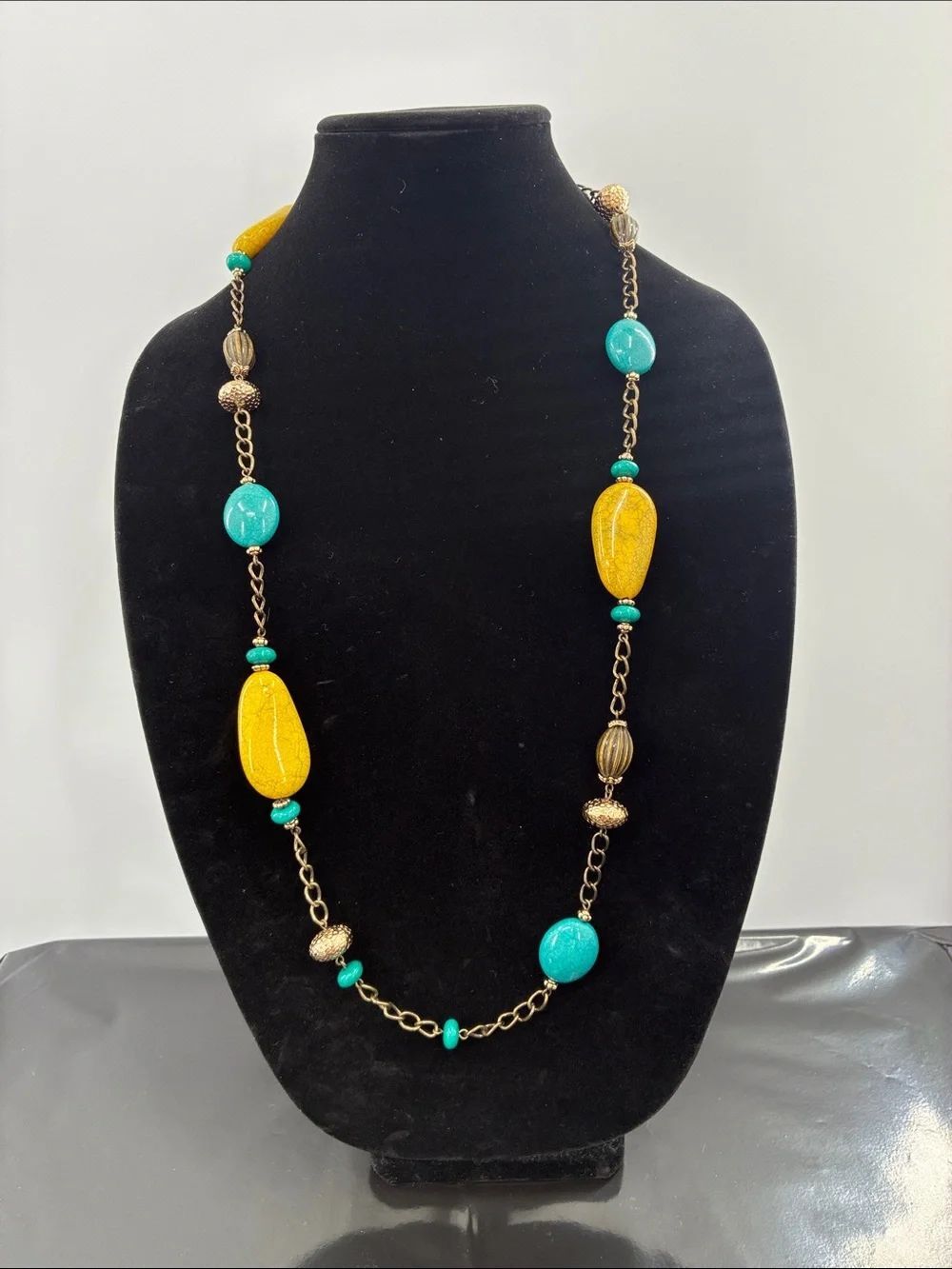 Premier Designs Yellow and Turquoise Beaded Long Necklace